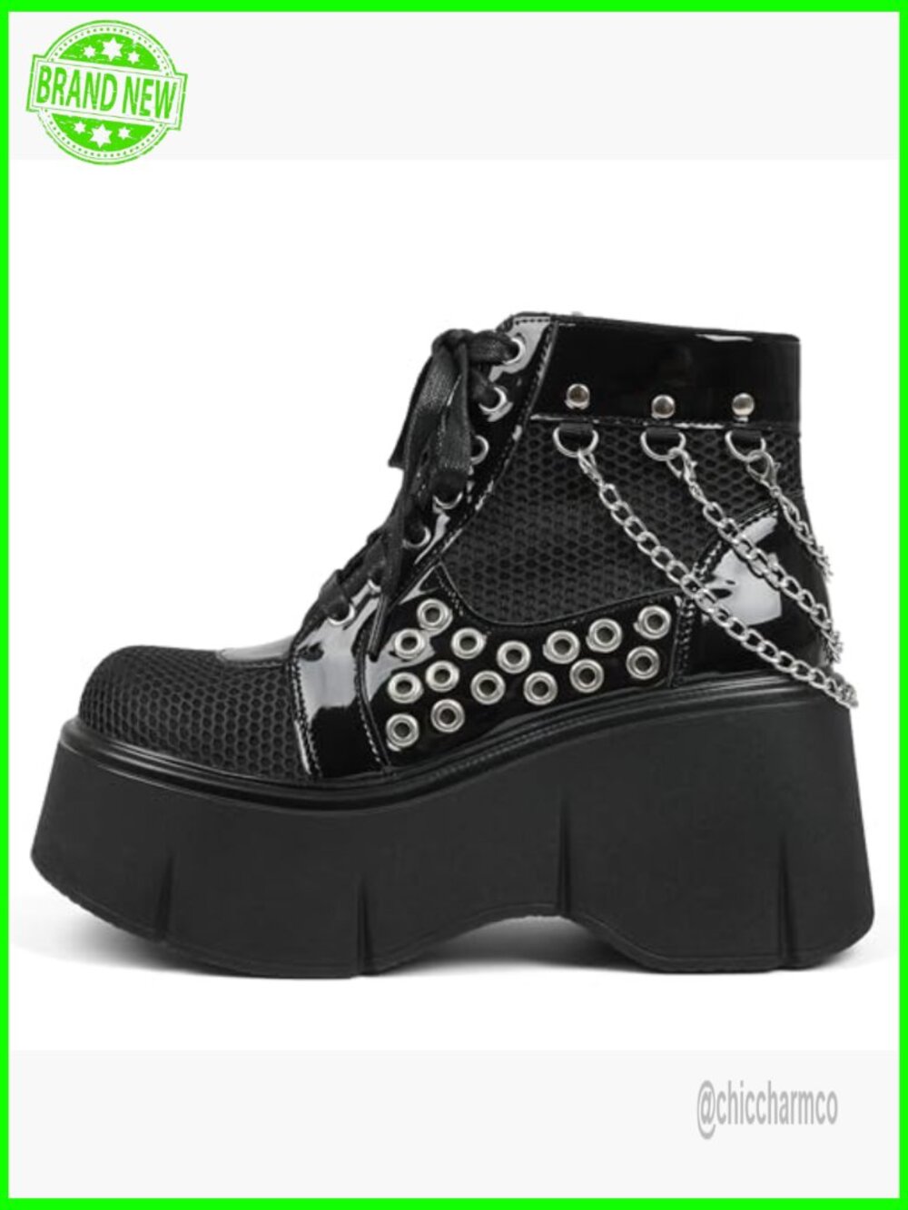 Wedge Platform Lace Up Chain Mesh Combat Ankle Booties Punk Goth - Picture 4 of 7